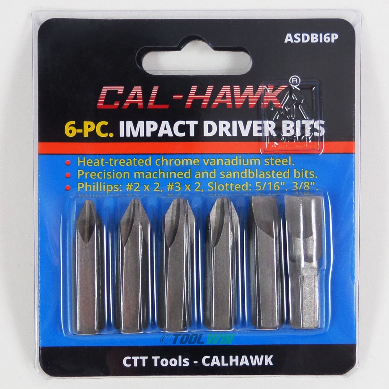 6 pc Impact Driver Bits Phillips #2 #3 Slotted Flat 3/8" 5/16" Hex Shank Hammer