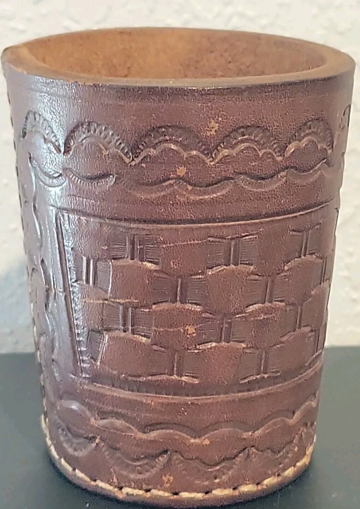 Ornate Handmade Leather Dice Cup (Brown) No Lining White Thread • Unsigned • 3"
