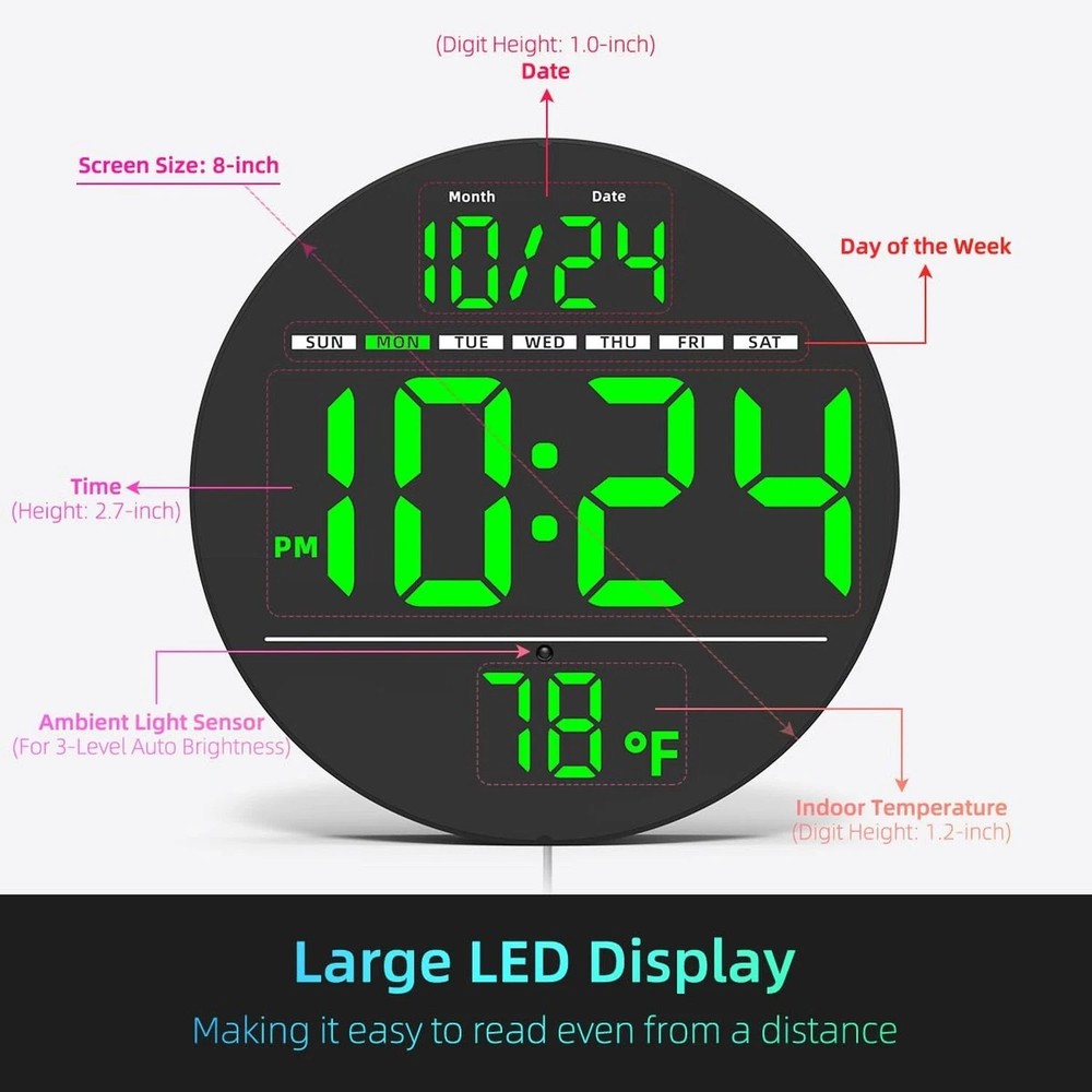 Digital Wall Clock with Large LED Display, Auto-Brightness, Temperature, Low-