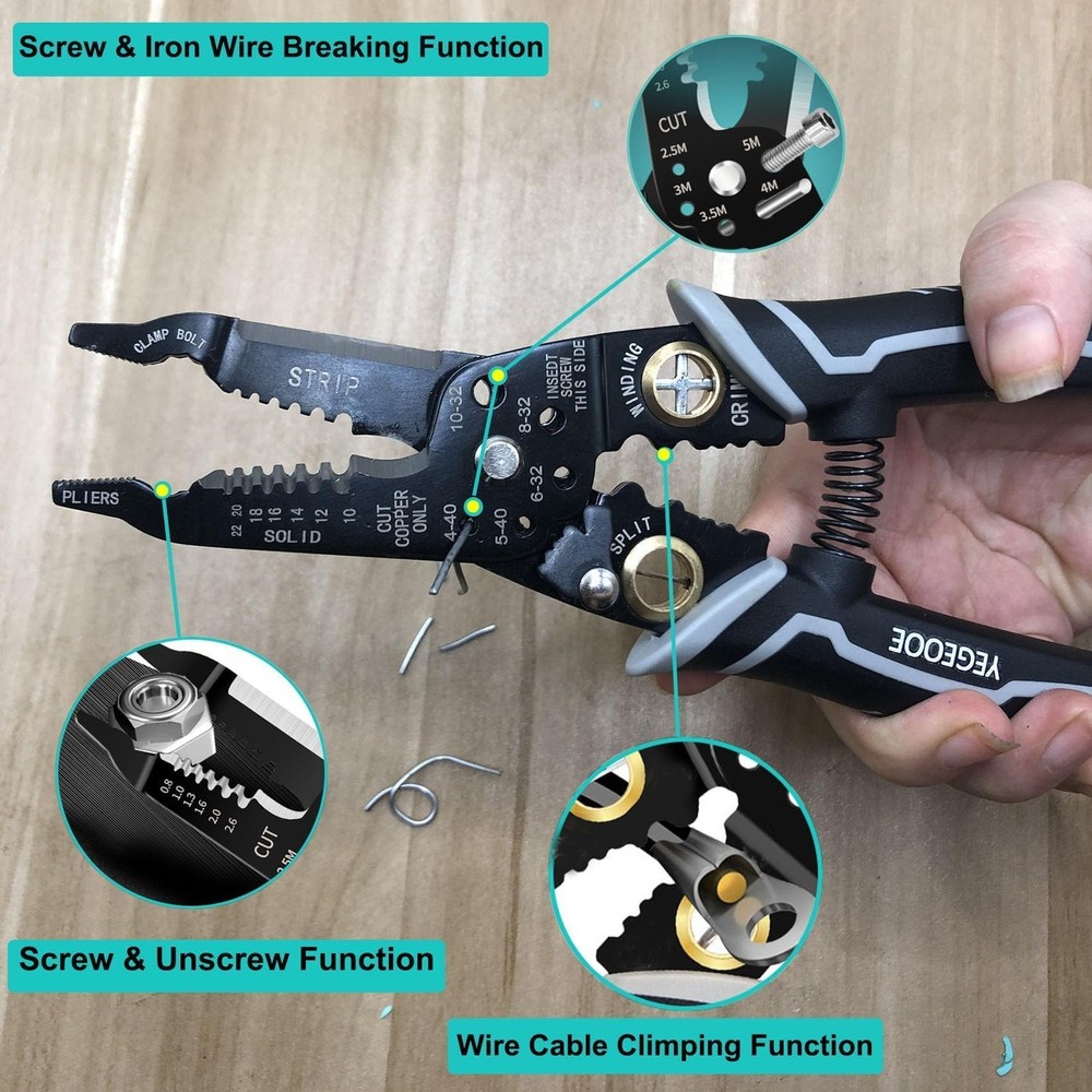 YEGEOOE 9 in 1 Multi-function Wire Stripping Pliers,Small 8inch size, Grey
