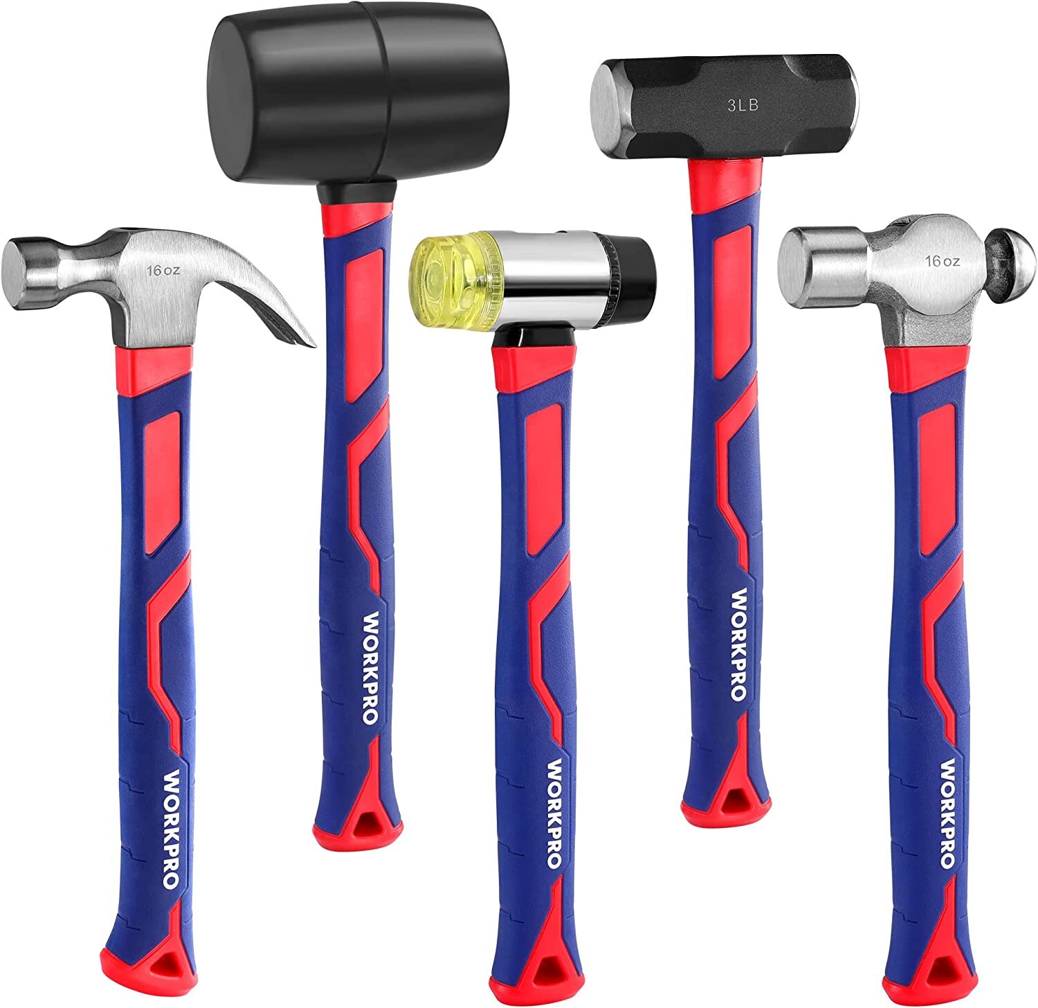 WORKPRO 5-Piece Hammer Set, Forged & Polished Steel Head, Fiberglass Handle NEW