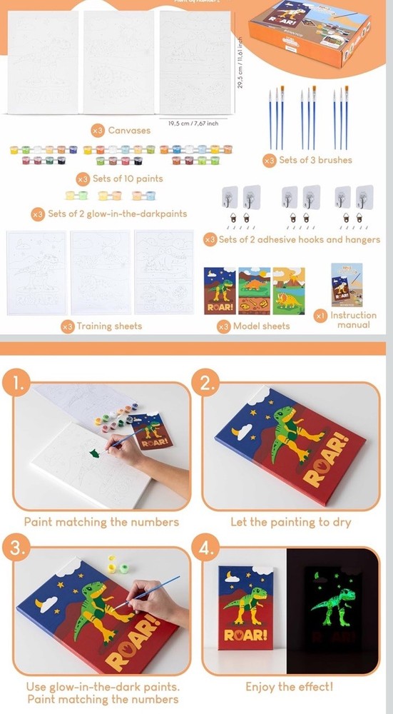 3x Sets Paint By Number Kit Printed Canvas Dinosaur Dinos Gift