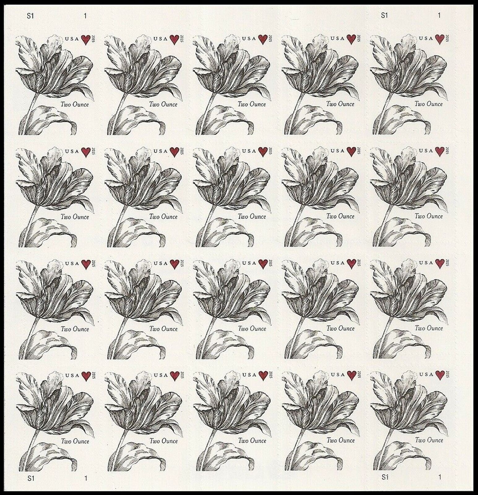 2015 USPS SHEET OF 20 TWO OUNCE STAMPS VINTAGE WEDDING TULIP $1.07