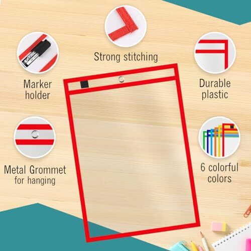 Dry Erase Pockets, 6 Plastic Paper Sleeves, Assorted Color Plastic 6 Pack