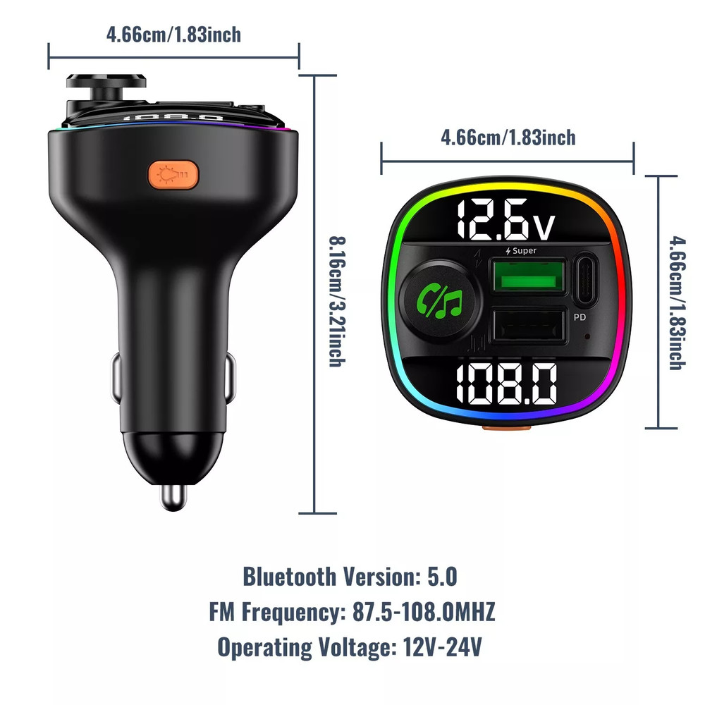 Bluetooth 5.0 Car Wireless FM Transmitter Adapter USB PD Charger AUX Hands LOT