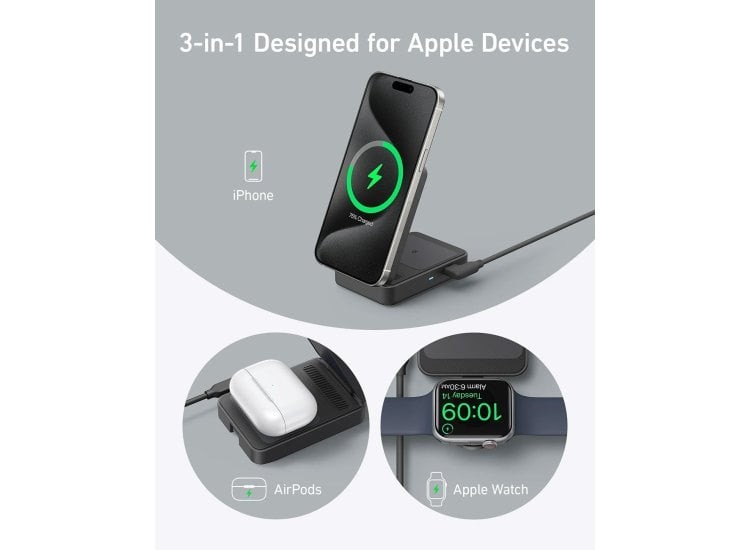 Anker MagGo Wireless Charging Station (15W, Foldable 3-in-1) Black