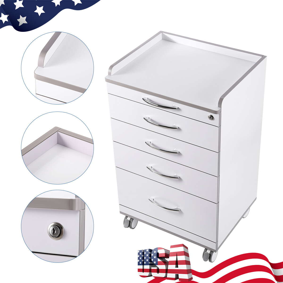 4 Drawers Dental Lab Mobile Cabinet Clinic Cart Medical Trolley W/ Power Socket