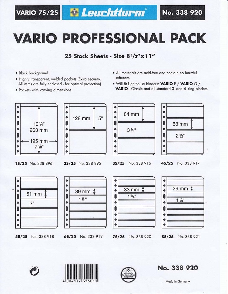100 Lighthouse Vario 7S Stamp Stock Pages 7 Rows Sheets In Black Double Side New