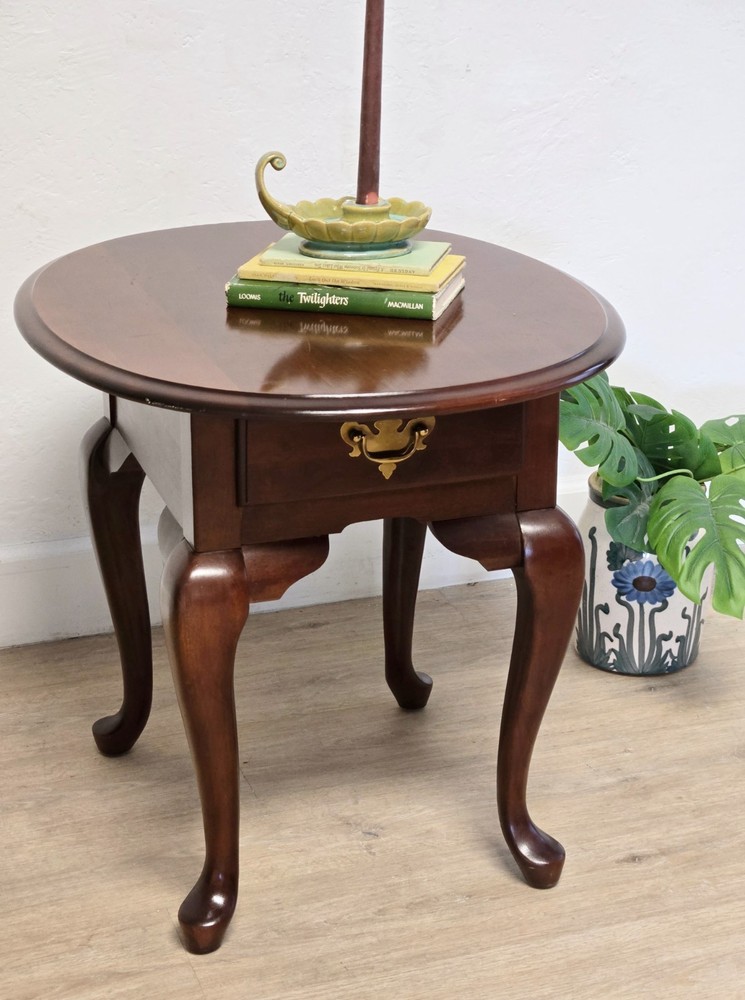 Broyhill Cherry Oval End Table-Queen Anne Single Drawer Oval Solid Wood