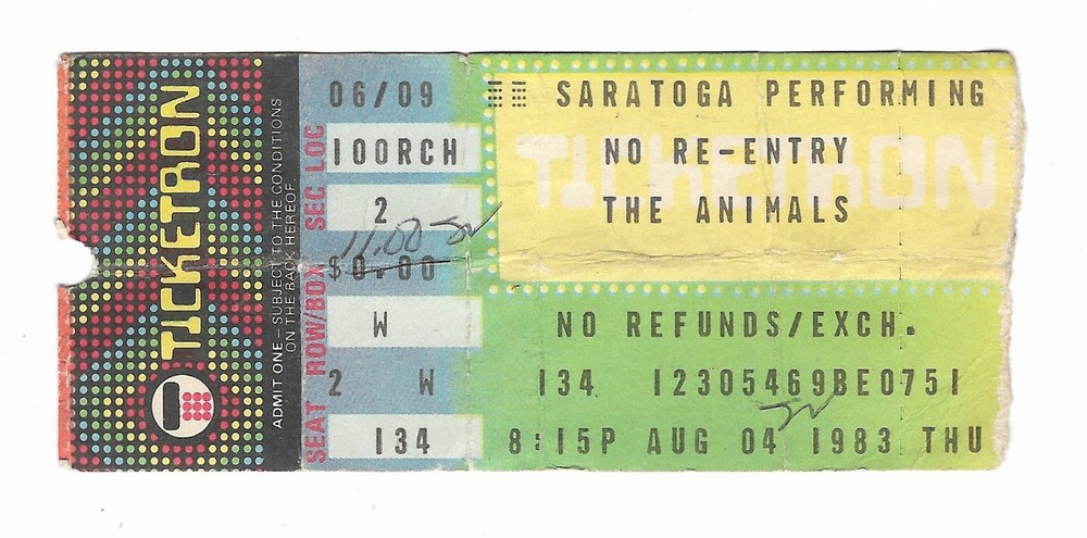 The Animals 8/4/83 Saratoga Springs NY Ticket Stub! Eric Burdon