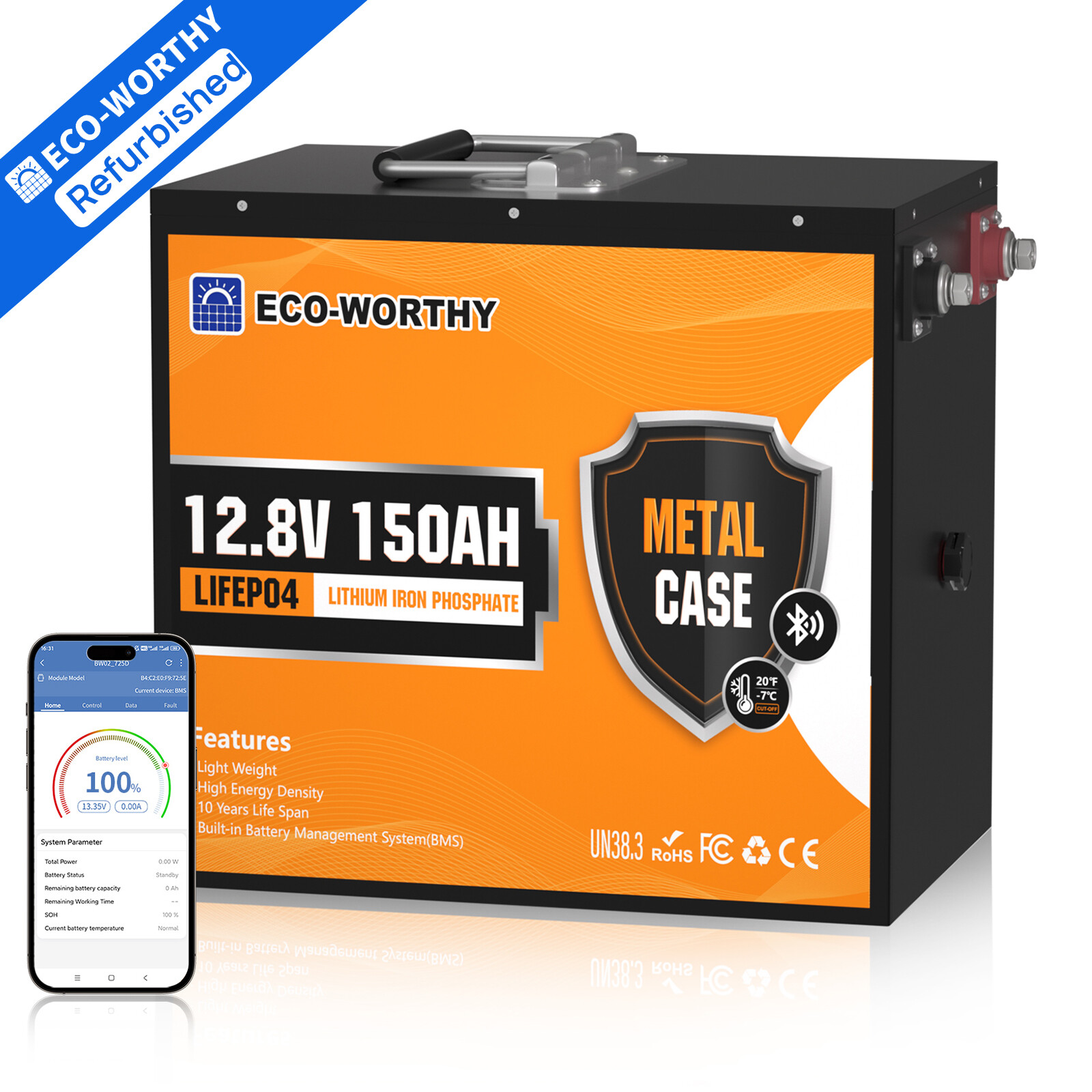 ECO-WORTHY 12V 150Ah LiFePO4 Bluetooth Lithium Battery Metal casing for RV Boot