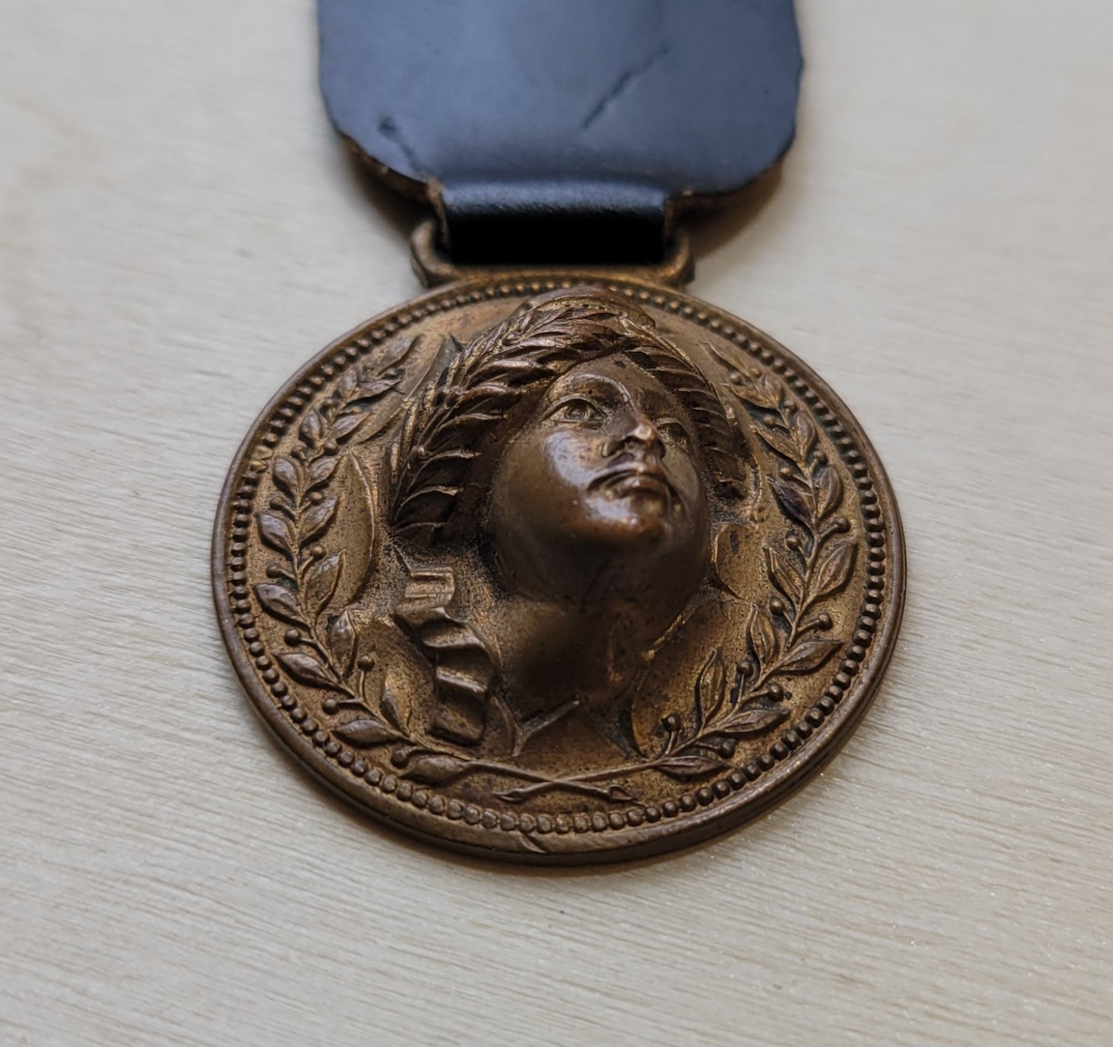 Antique Lady Liberty Woman Head Relief Pop Out Bronze Medal Fob Leather Strap