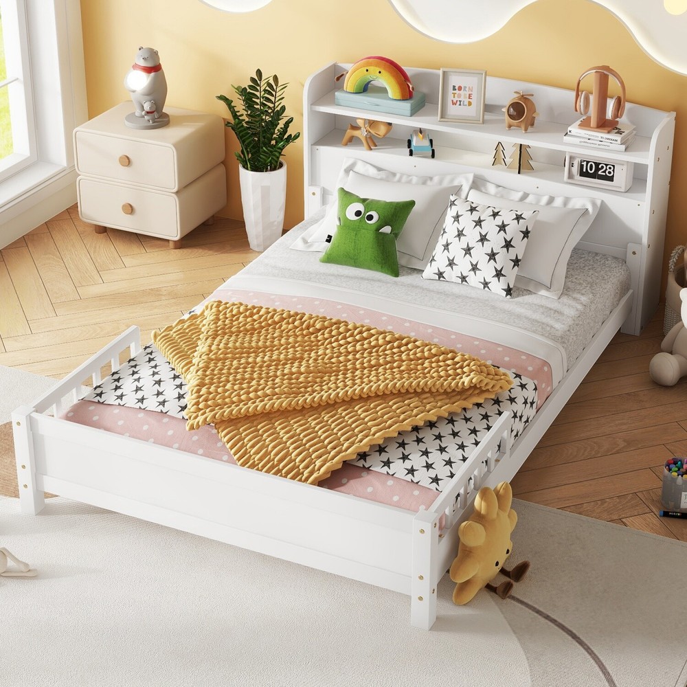 Full Size Bed Frame Wood Platform Bed Frame with Storage Headboard & LED Light