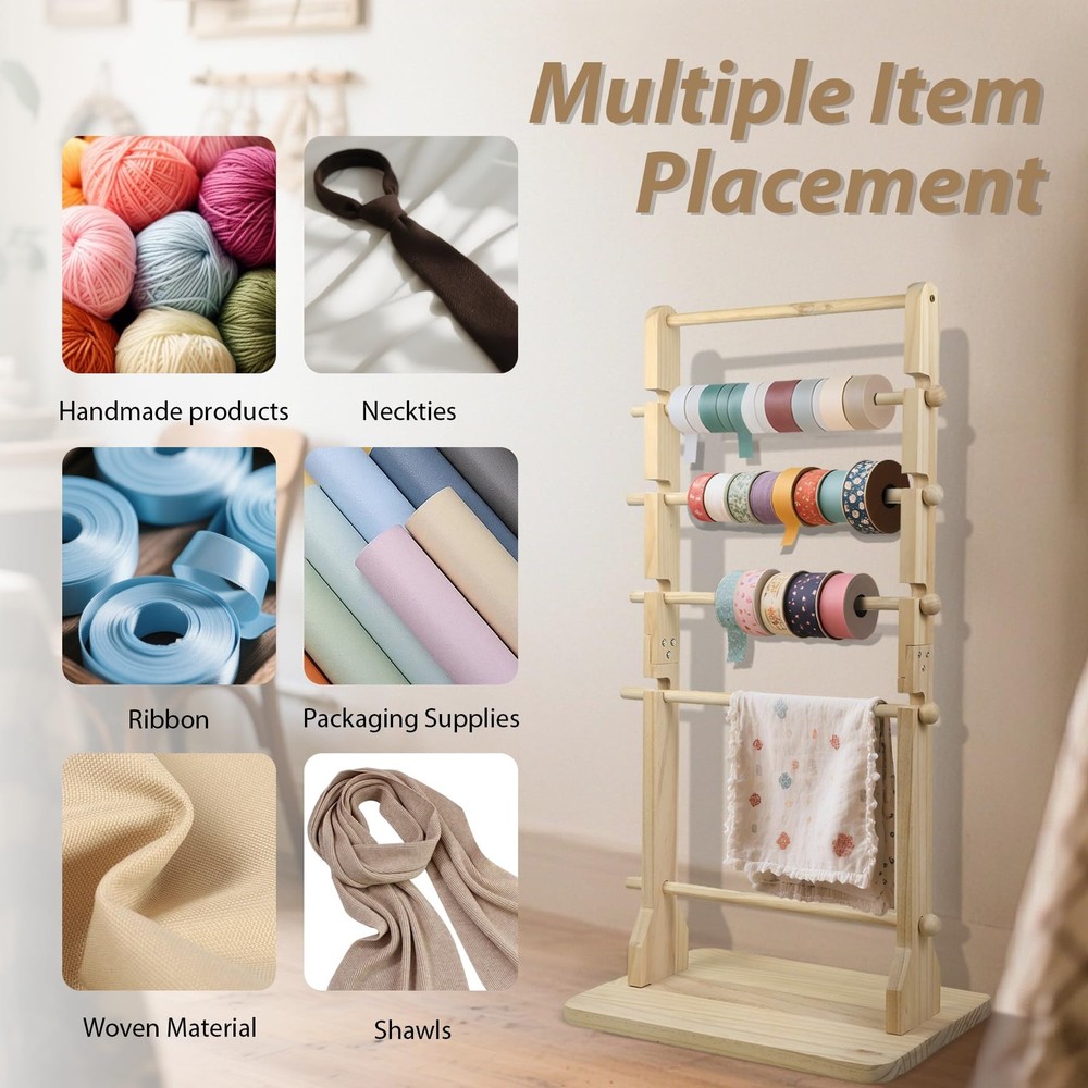6 Tier Large Capacity Solid Wood Ribbon Storage Rack MultiSpacing Spool