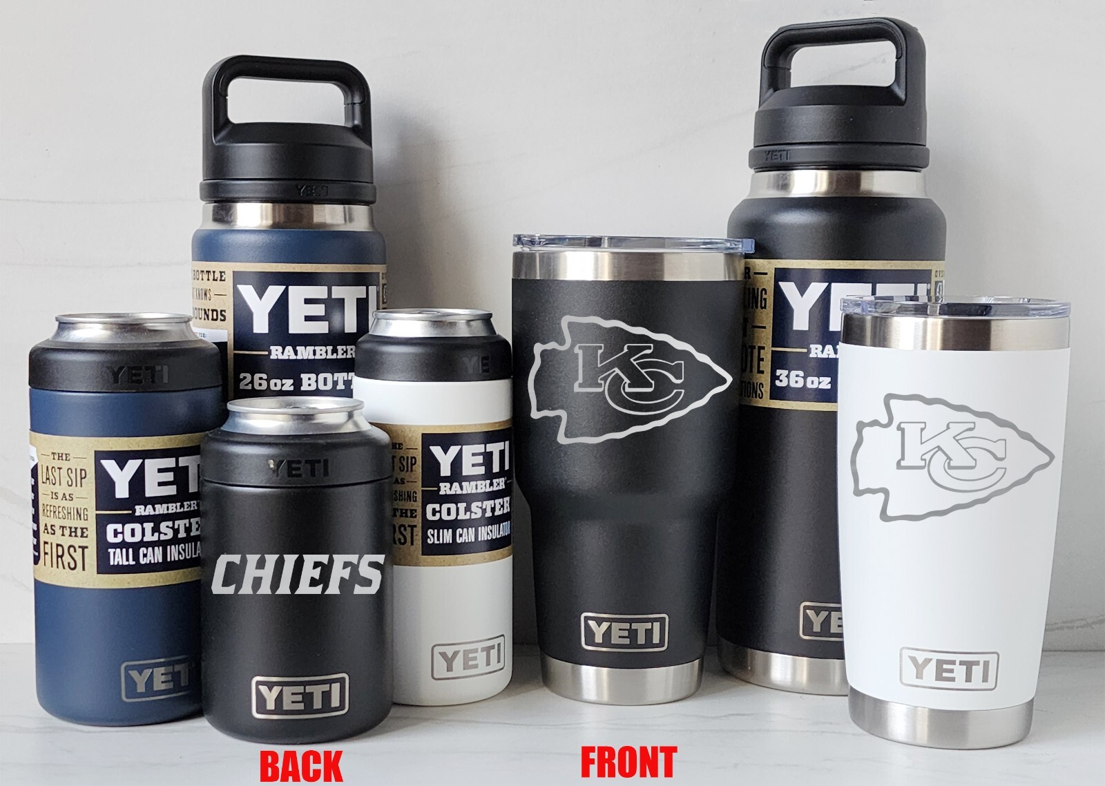 Kansas City Chiefs YETI Laser Engraved Tumblers, Can Colsters and Bottles