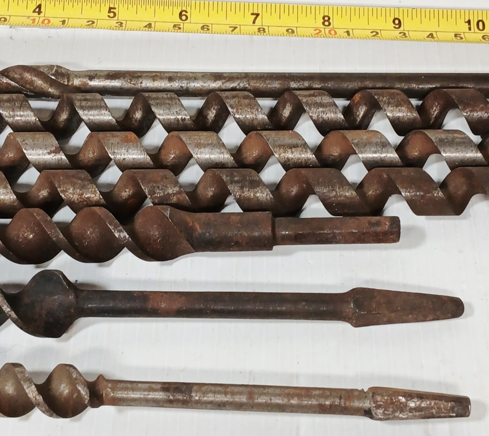 (6) Large Long Antique Auger Drill Bits Woodworking Tools, 9"-17"