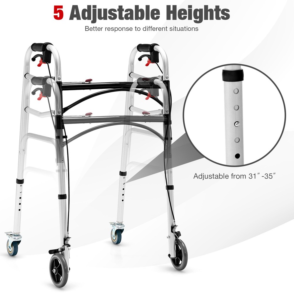 Standard Walker 2-button Folding Walker w/5" Wheels Trigger Release for Seniors