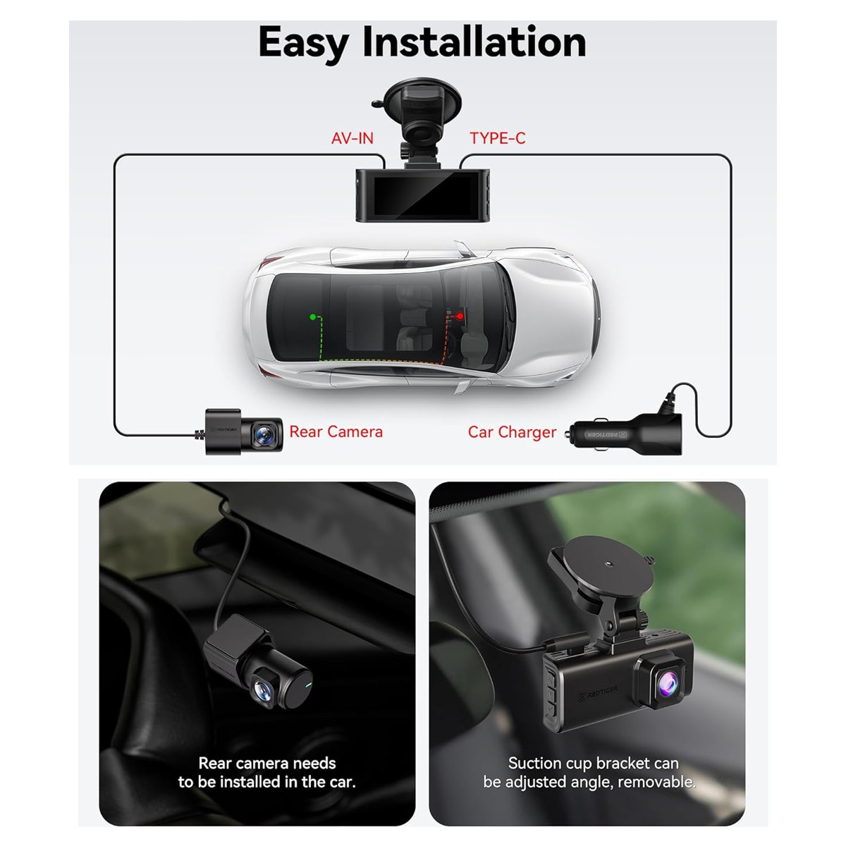 REDTIGER FTNT 128GB Card Voice Control 4K Dash Cam Front and Rear, Touch Screen