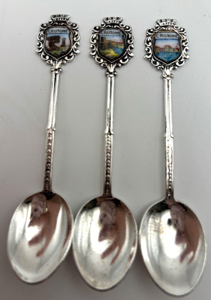 Crotone, Italy Set of 6 Spoons, Vintage Silver-tone Ornate Designed Souvenirs