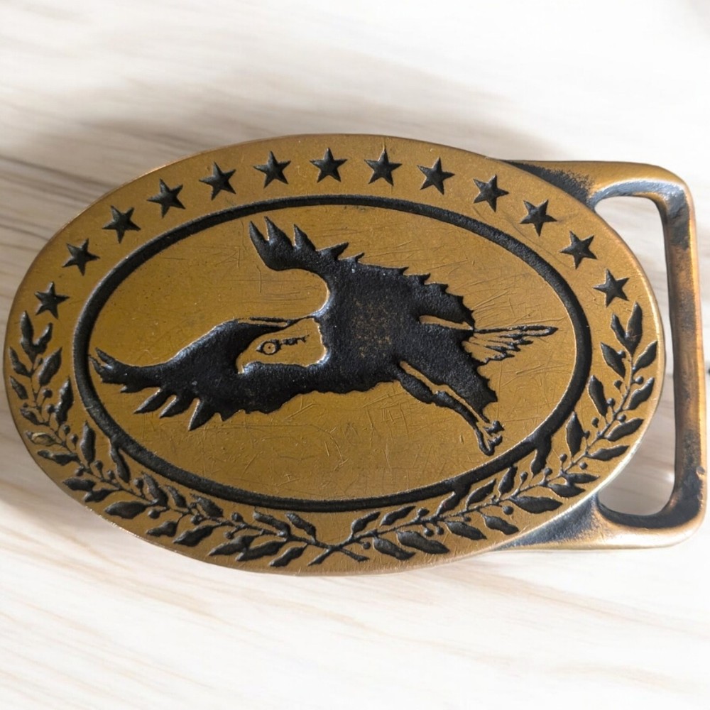 Vintage Tech-Ether Guild Buckle Bald Eagle Embossed Solid Brass Oval Belt Buckle