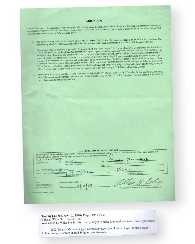 Tom McCraw Signed Autographed Contract White Sox 2002 Expos JSA CB20138