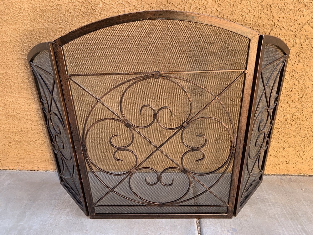 Copper Finish Fireplace Screen 3 Panel Mesh Folding Wrought Iron Arch Scrollwork