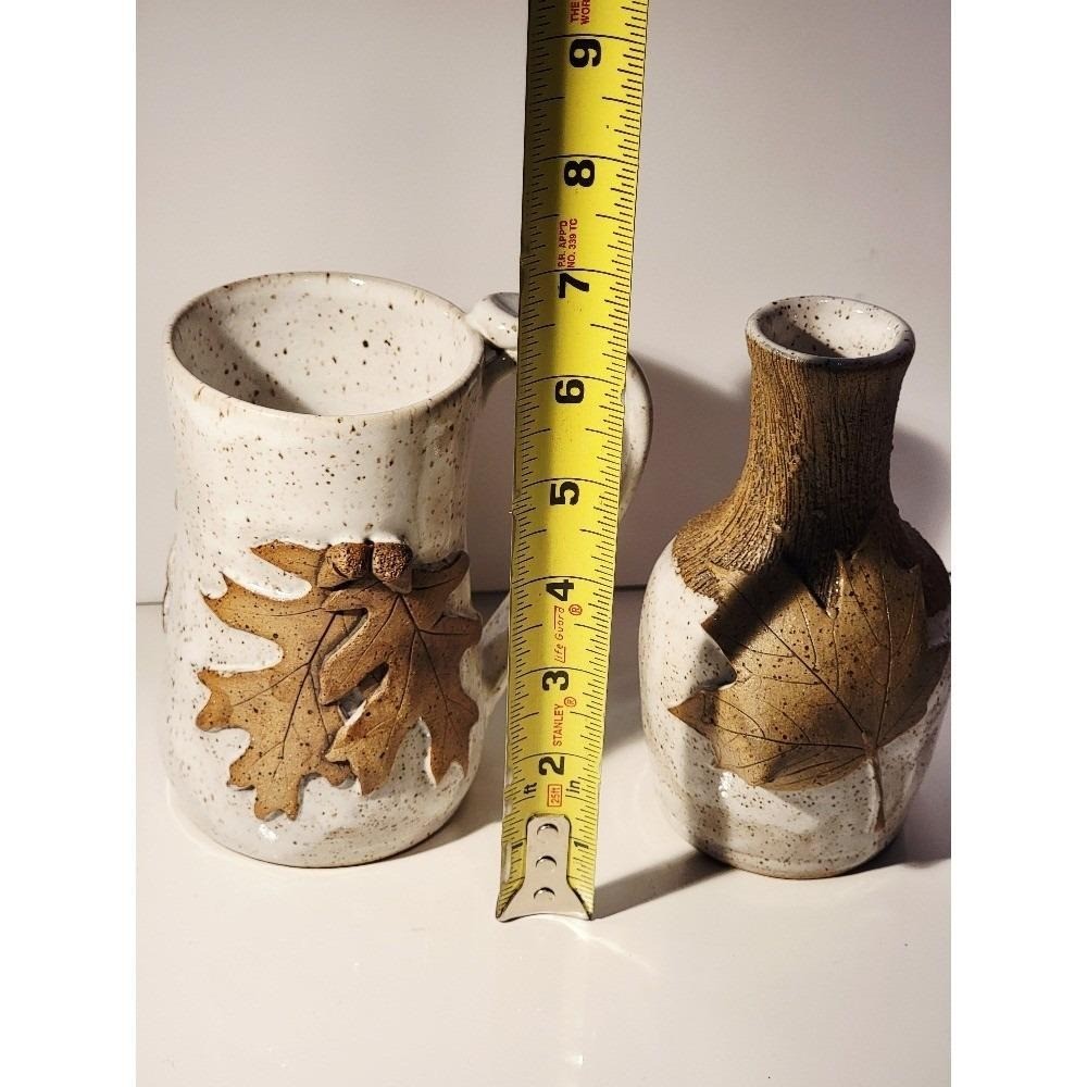 Studio Pottery Leaf Mug & Bud Vase Signed PRP Beige Speckle