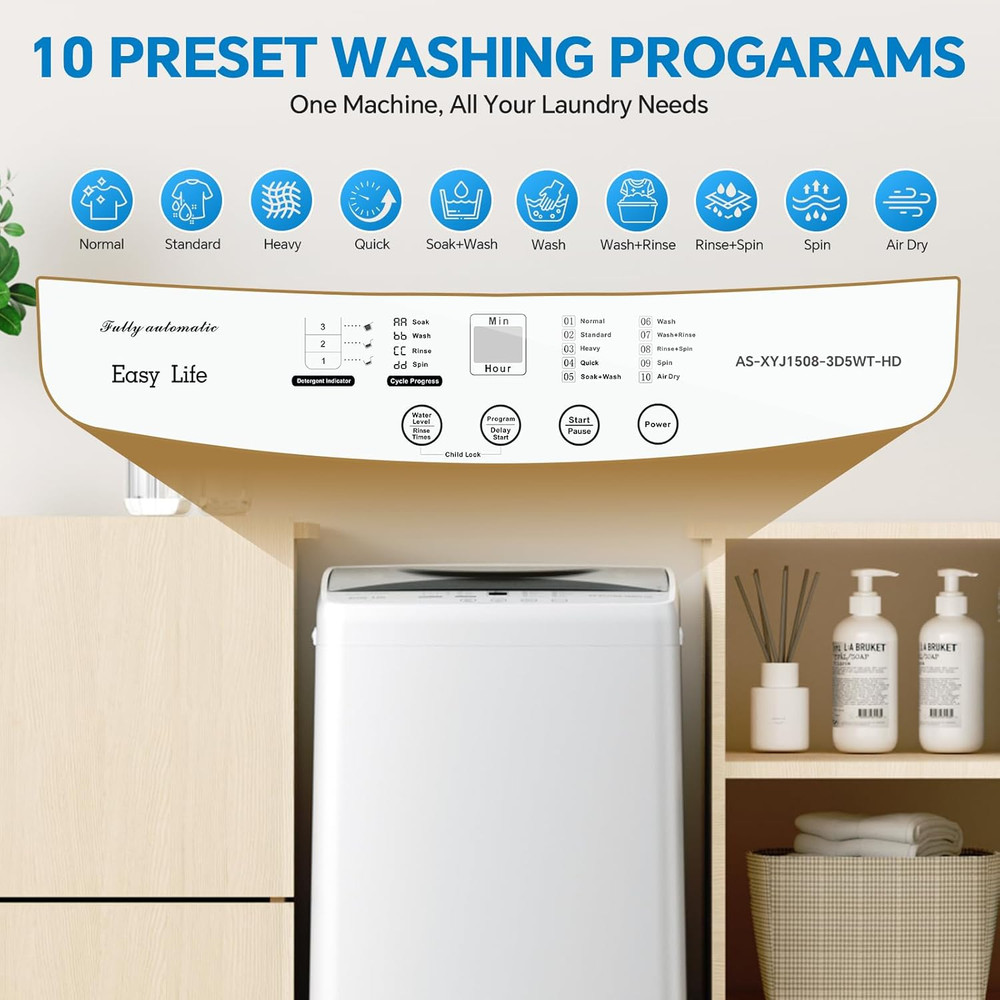 Portable Washing Machine, 7.7 Lbs Full-Automatic Compact Laundry Washer, Stainle