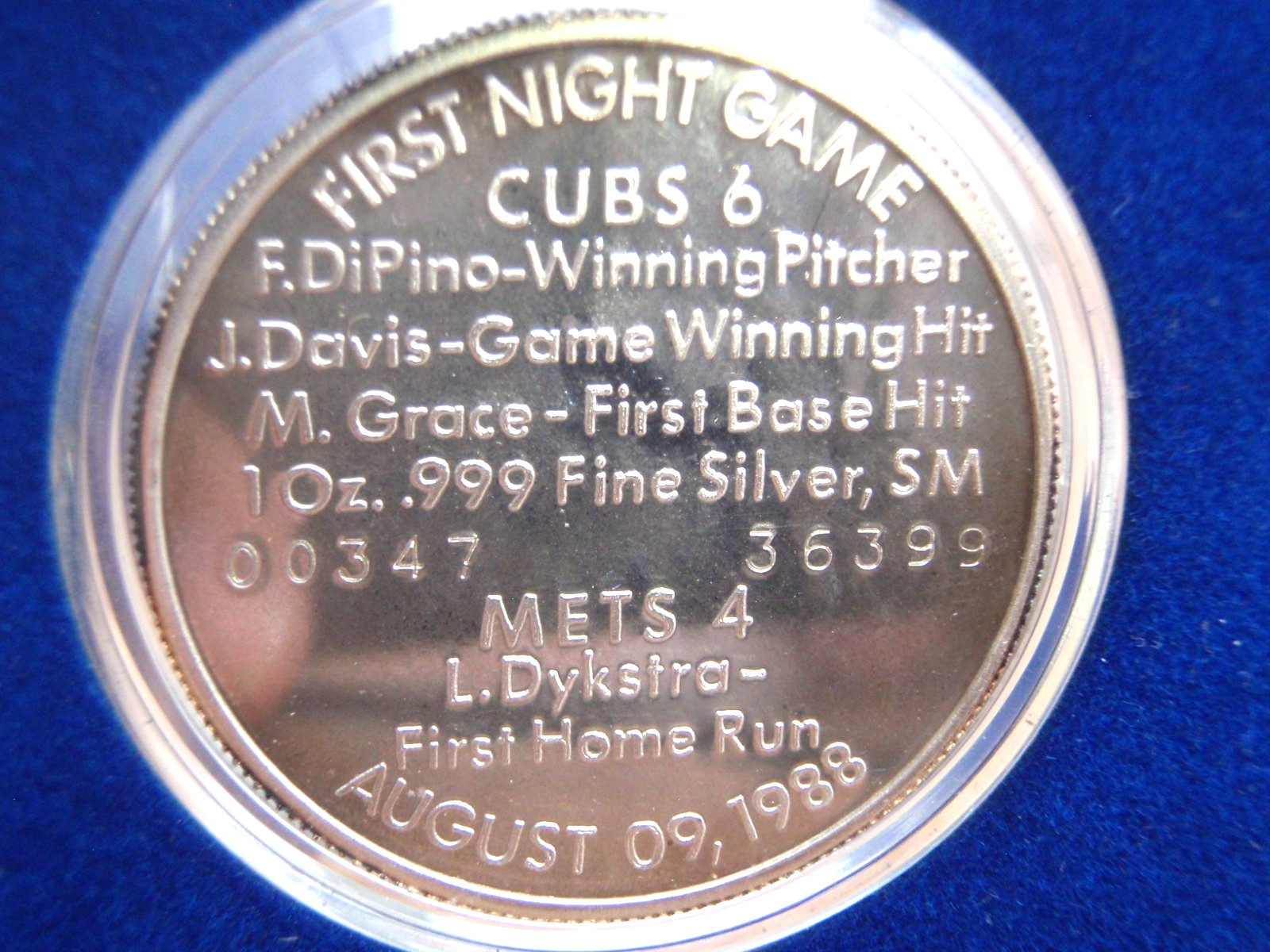 VTG:1st NIGHT GAME@ WRIGLEY FIELD CHICAGO CUBS 1 oz .999 SILVER COIN-AUG 9, 1988