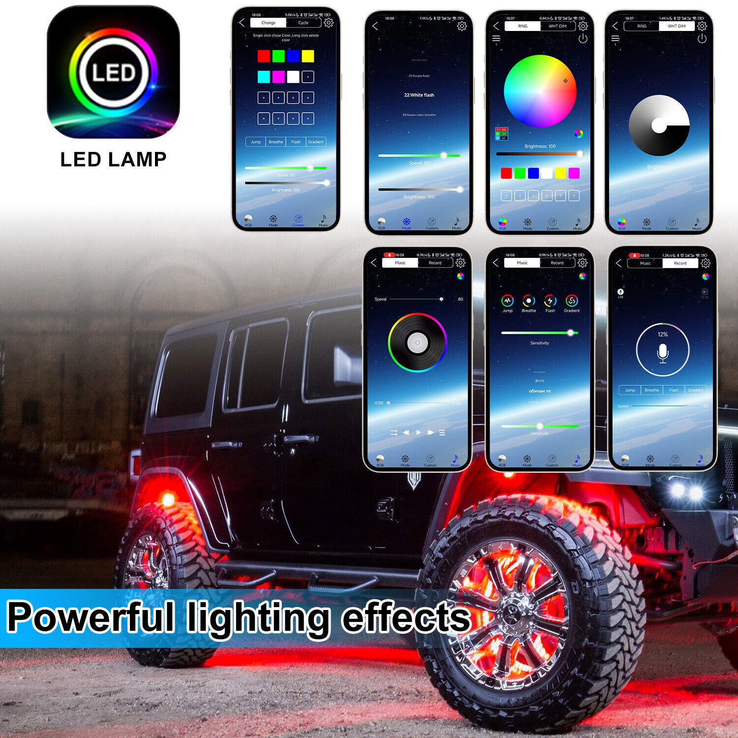 8Pods RGB LED Rock Lights Offroad Music Wireless Bluetooth Underglow Neon Lights