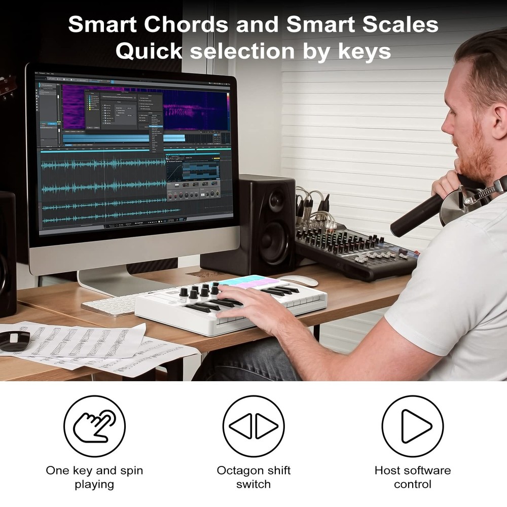 M-WAVE 25 Key USB MIDI Keyboard Controller With 8 Backlit Drum Pads, Bluetoot...