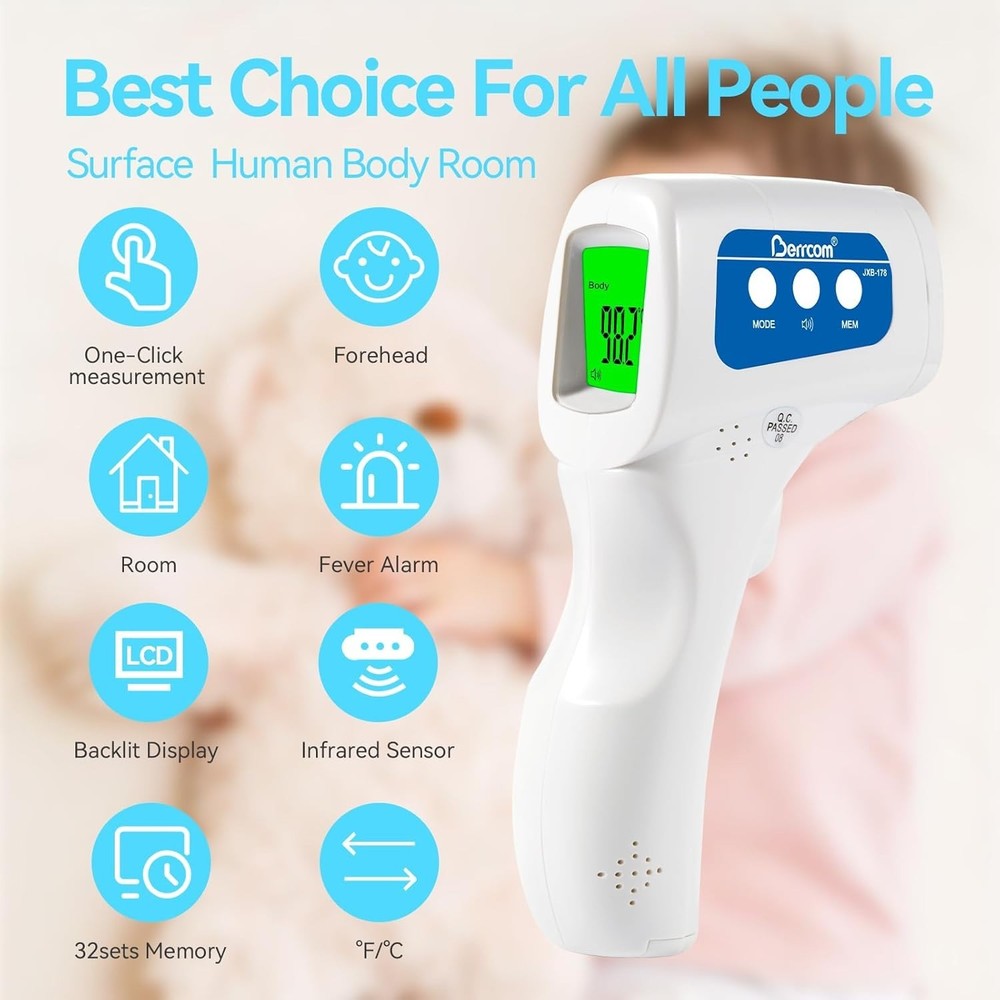 Non-Contact Infrared Thermometer with Memory Function and Large Display - White