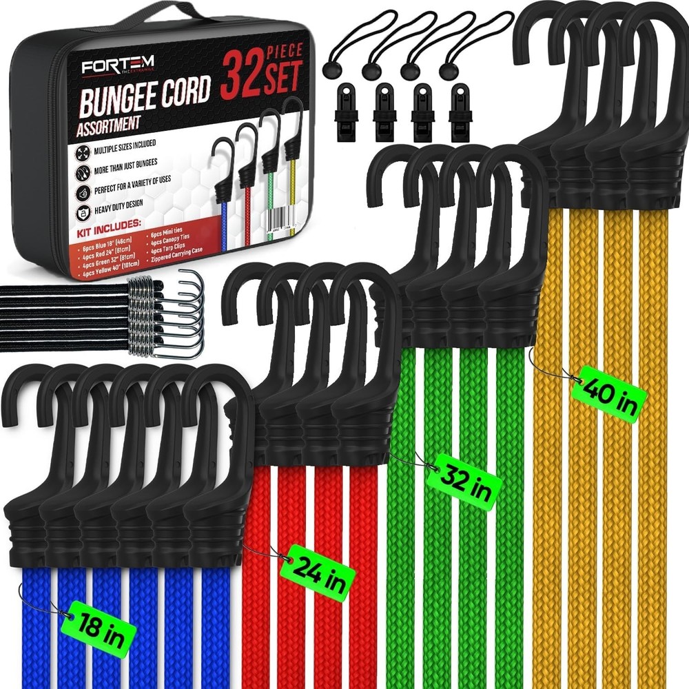 Complete Bungee Cord Set: 32-Pack with Heavy-Duty Hooks & Easy Storage Solution