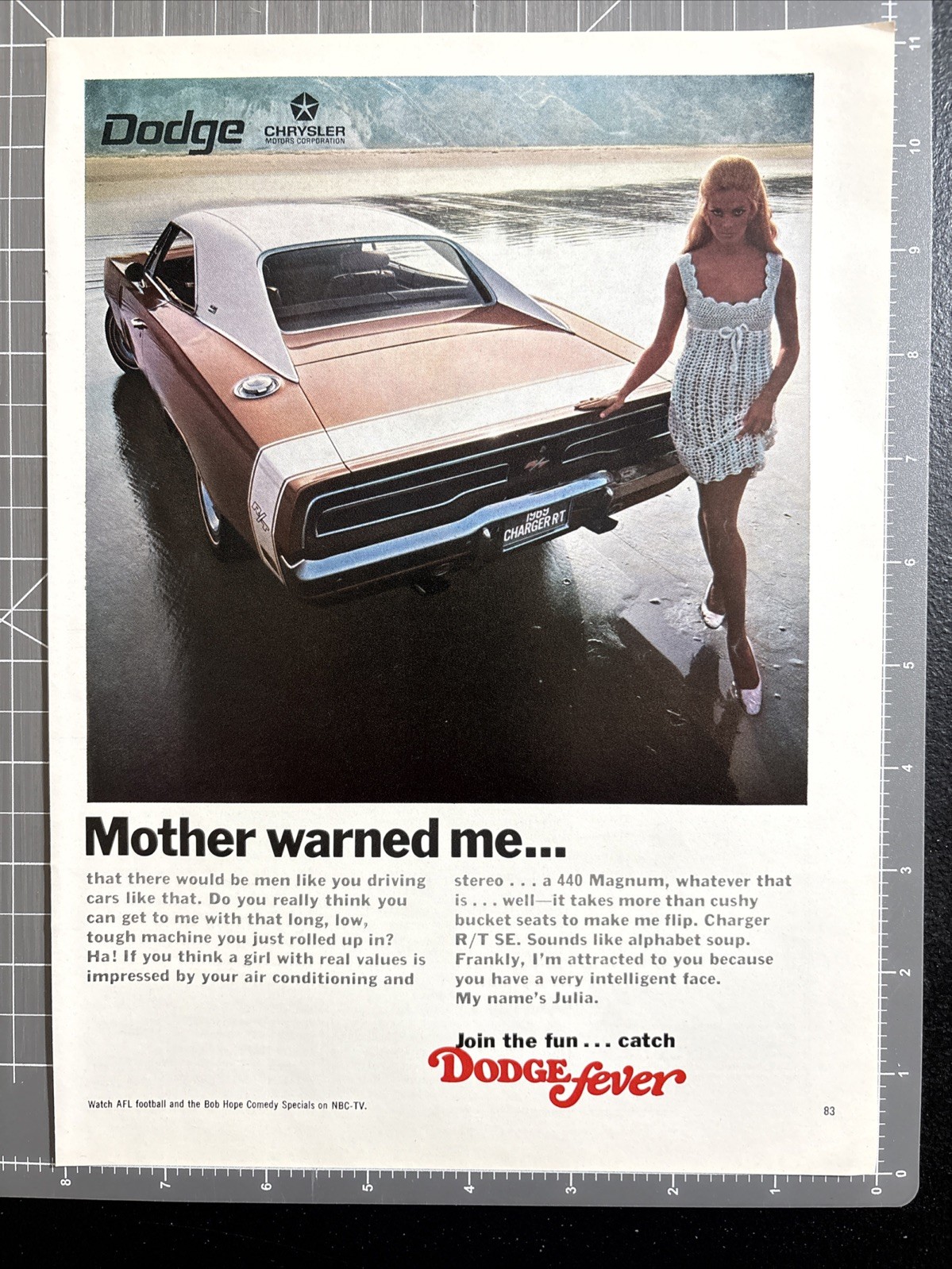 1968 Print Ad Dodge Charger R/T SE Mother Warned Me Attractive Woman