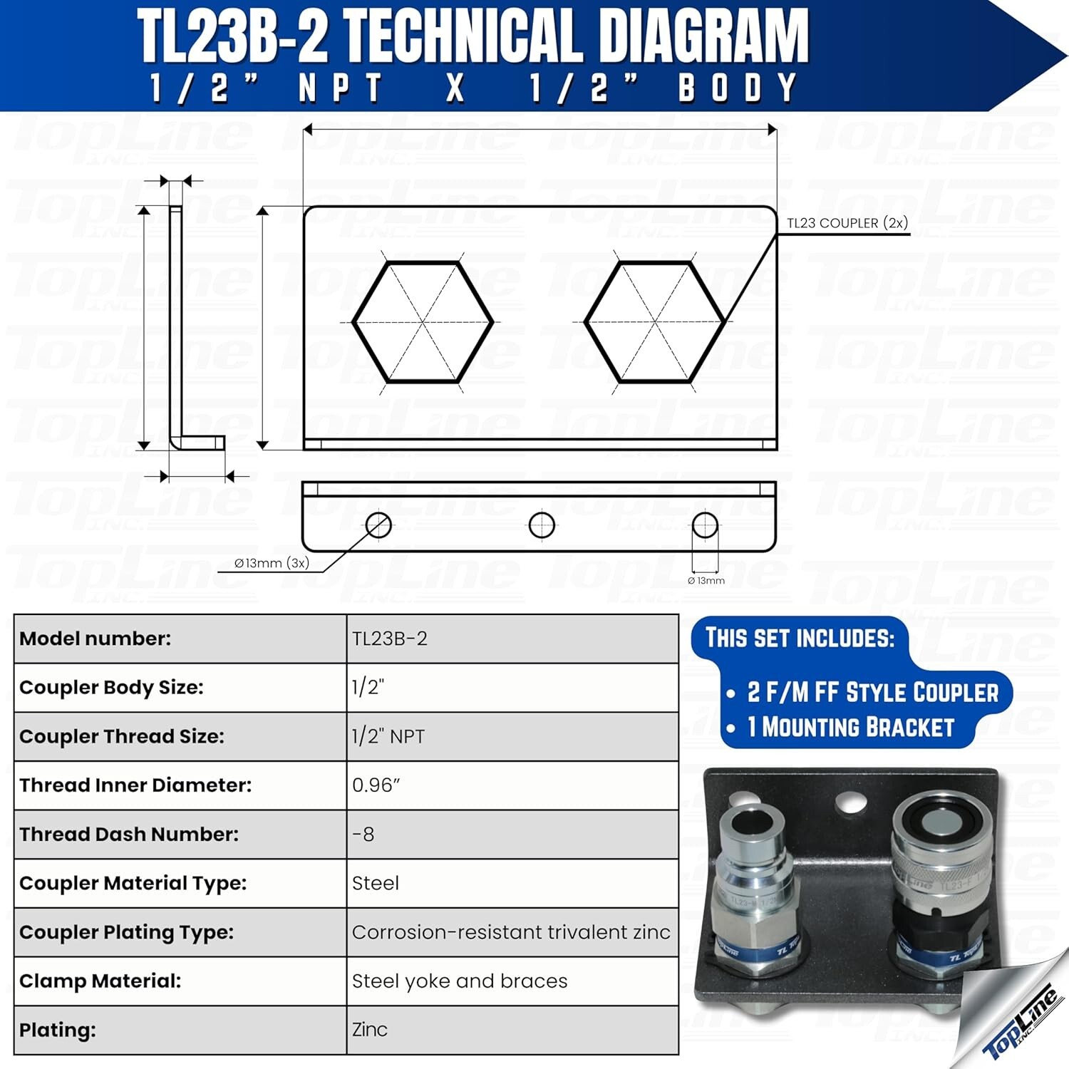 1/2" NPT Thread Flat Face Hydraulic Quick Couplers with Mounting Bracket TL23B-2