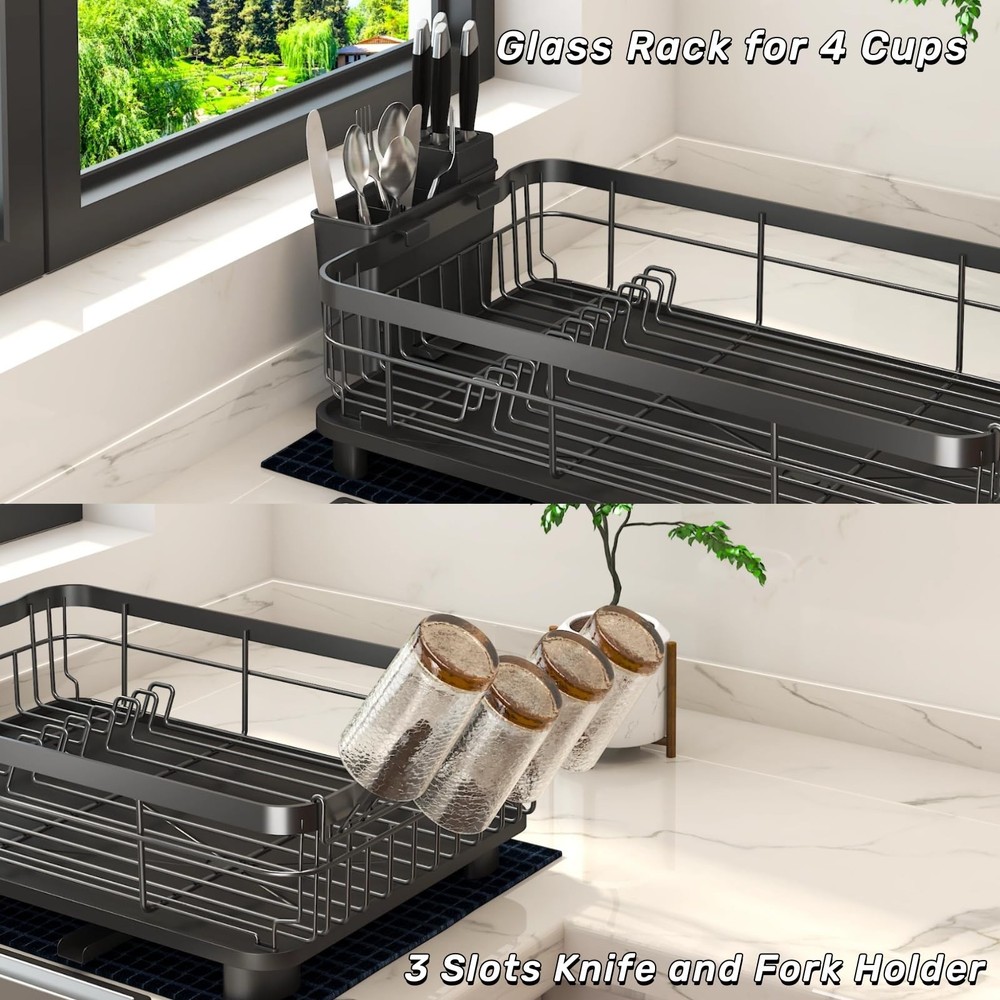 Dish Drying Rack, Dish Rack with Auto-Drain & Mat, Dish Drainers for Kitchen ...