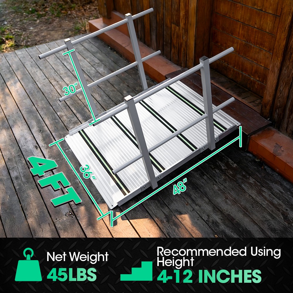 4FT Wheelchair Ramp with Handrails 36" Extra Wide Aluminum Threshold Ramp 800lbs