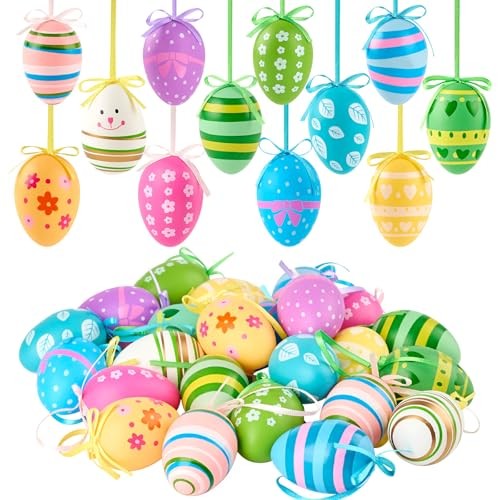 24Pcs Easter Egg Tree Ornaments, Colorful Hanging Eggs Ornaments Easter Party