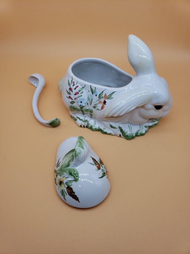 Italian Rabbit Ceramic Bunny Covered Dish With Spoon