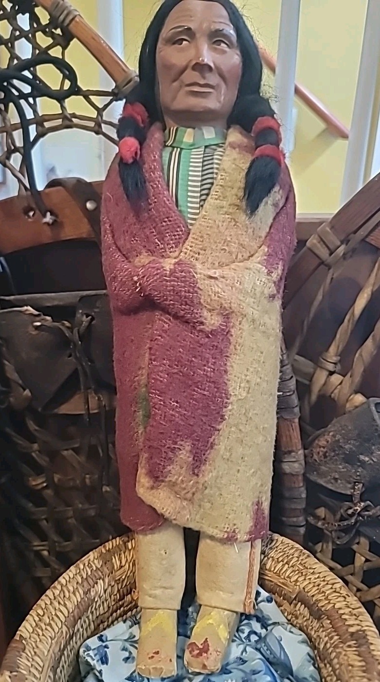 Antique Skookum Doll Early Paint Face Wool Straw Stuffed Mohair Wood Legs 15 1/2