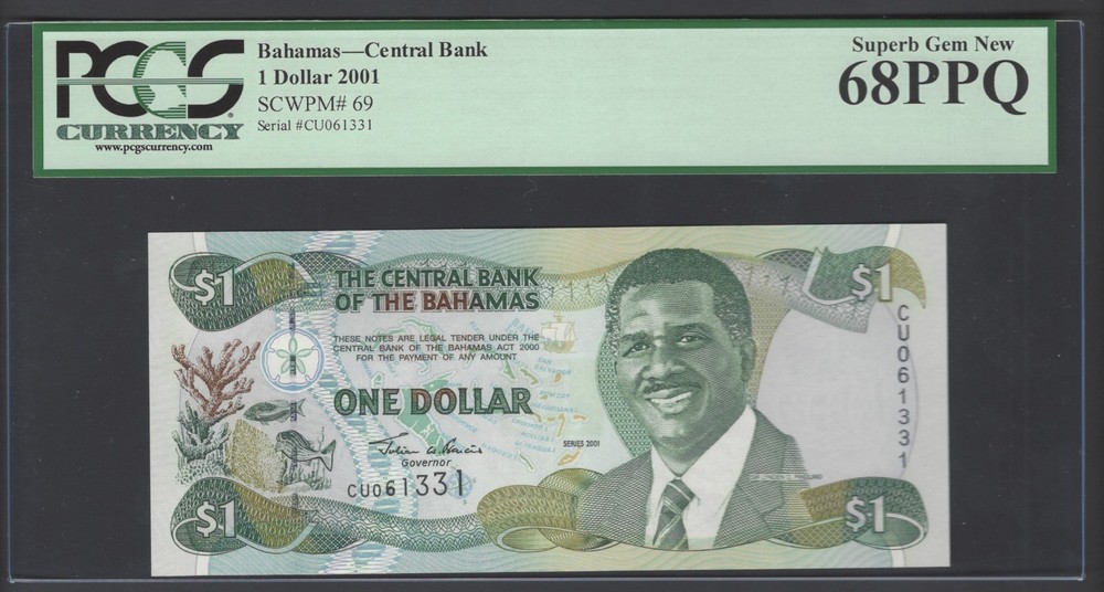 Bahamas One Dollar 2001 P69 Uncirculated Graded 68