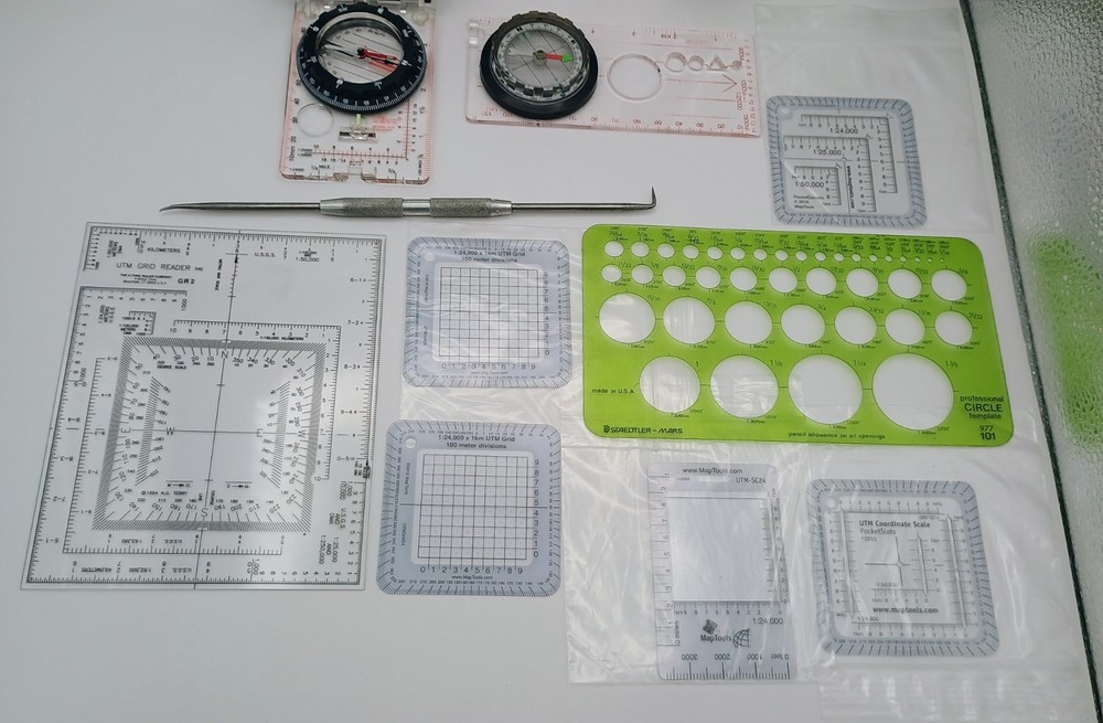Lot Of Map Making Tools/Rulers + 2 Compasses
