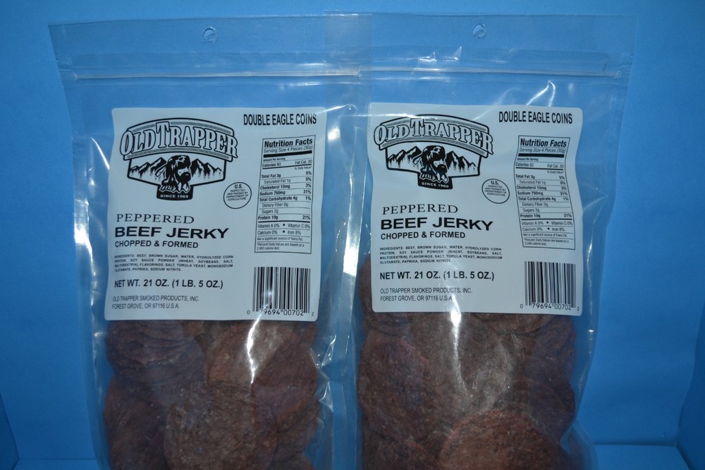 (2) Old Trapper BEEF JERKY ROUNDS Peppered, 21 oz, Double Eagle 04/2027