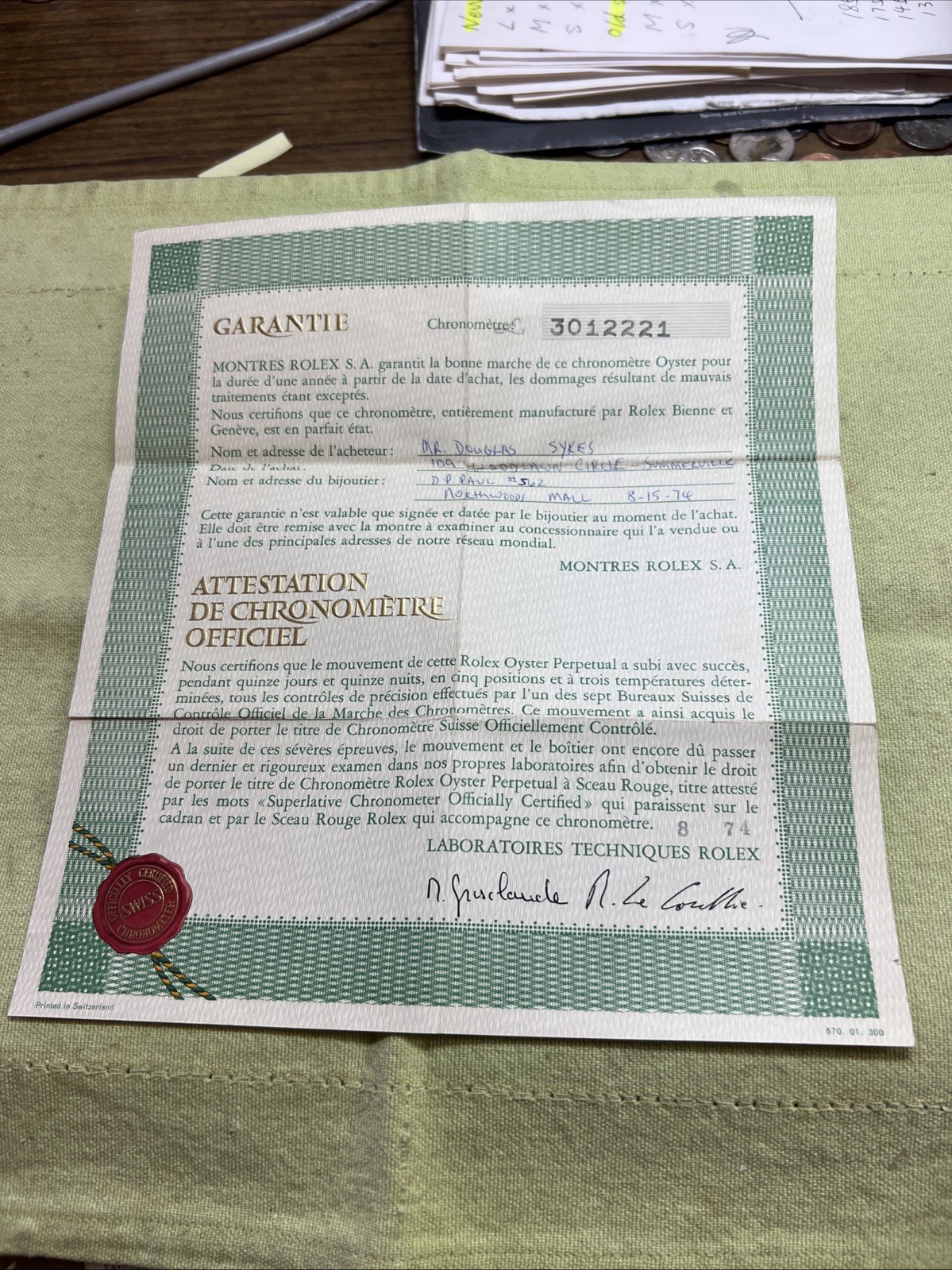 GENUINE Rolex Vintage watch Guarantee Warranty  1974 Certificate  #301xxxx