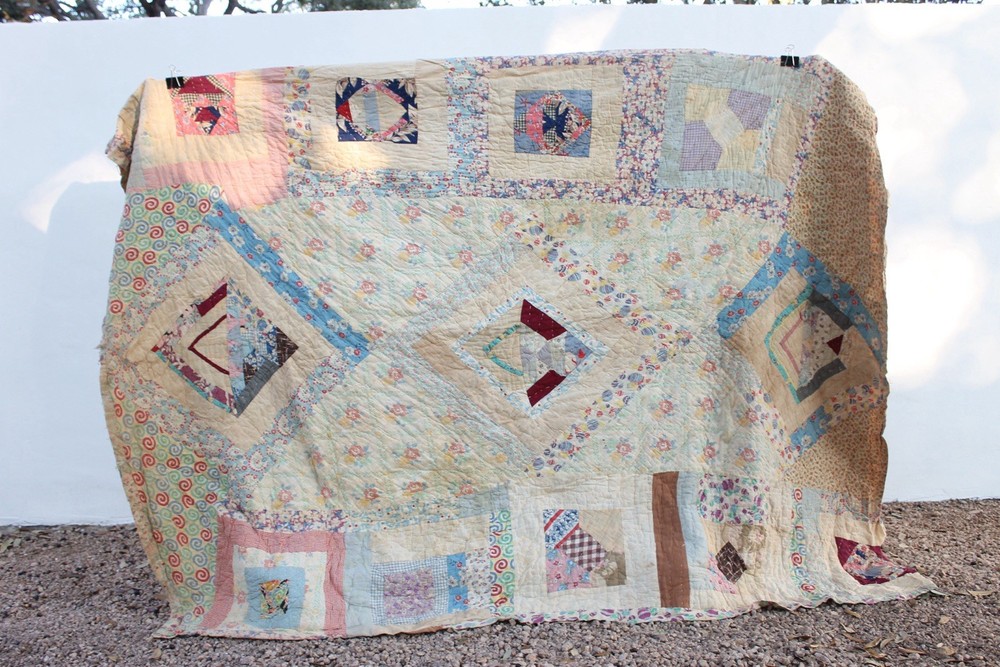 Antique Double Sided Scrap Frame Medallion Patchwork Quilt RARE
