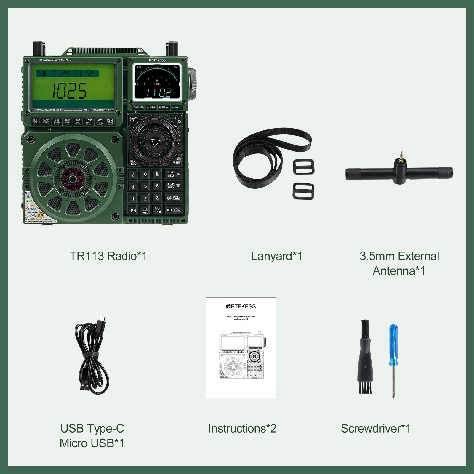Retekess TR113 Portable AM/FM Full Band Ham Radio Backlight APP Control Camping