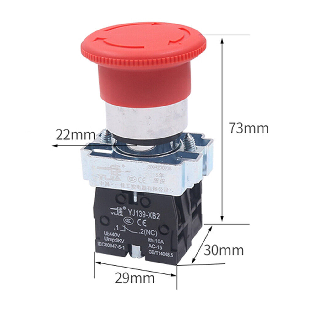 2x Red Mushroom Head 22mm E-STOP Emergency Stop Push Button Switch 1NO 1NC XB2