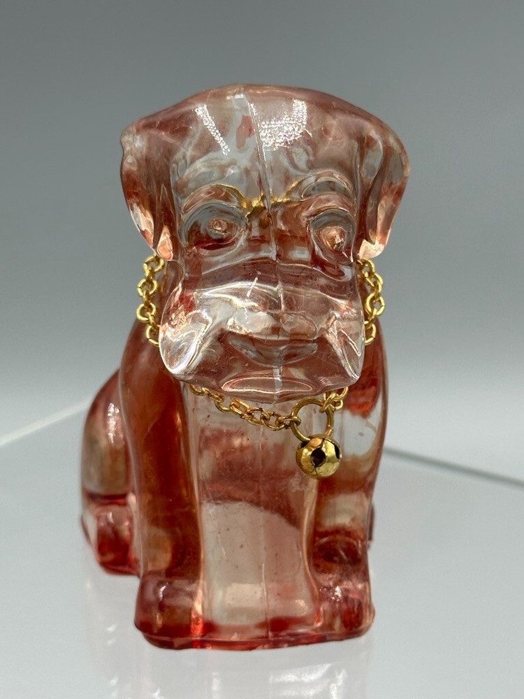 Vintage Figural DOG & Collar Glass CANDY CONTAINER Flashed Pink A&E 183