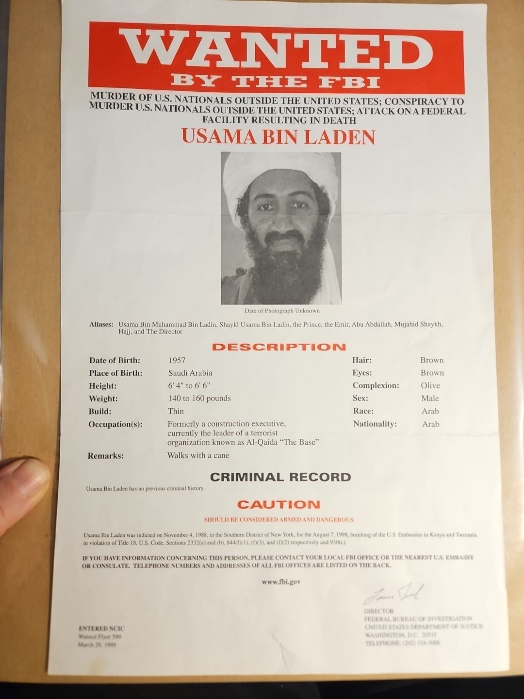 Original   USAMA BIN LADEN   FBI wanted Poster 3-29-99