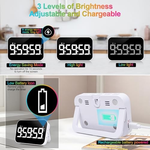 Kitchen Digital Timer, Rechargeable Magnetic Timers with White Timer